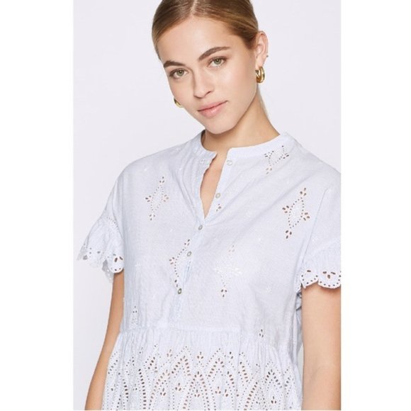 Joie Cerelia Striped Broderie Anglaise Trimmed Cotton Top Peplum Blue - Picture 2 of 9